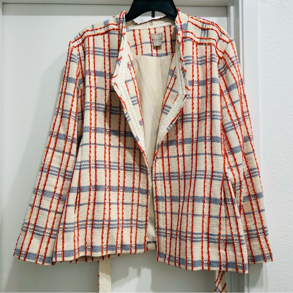 Chico's Orange Blue Plaid Tweed Blazer Jacket W/Belt & Faux Leather Trim